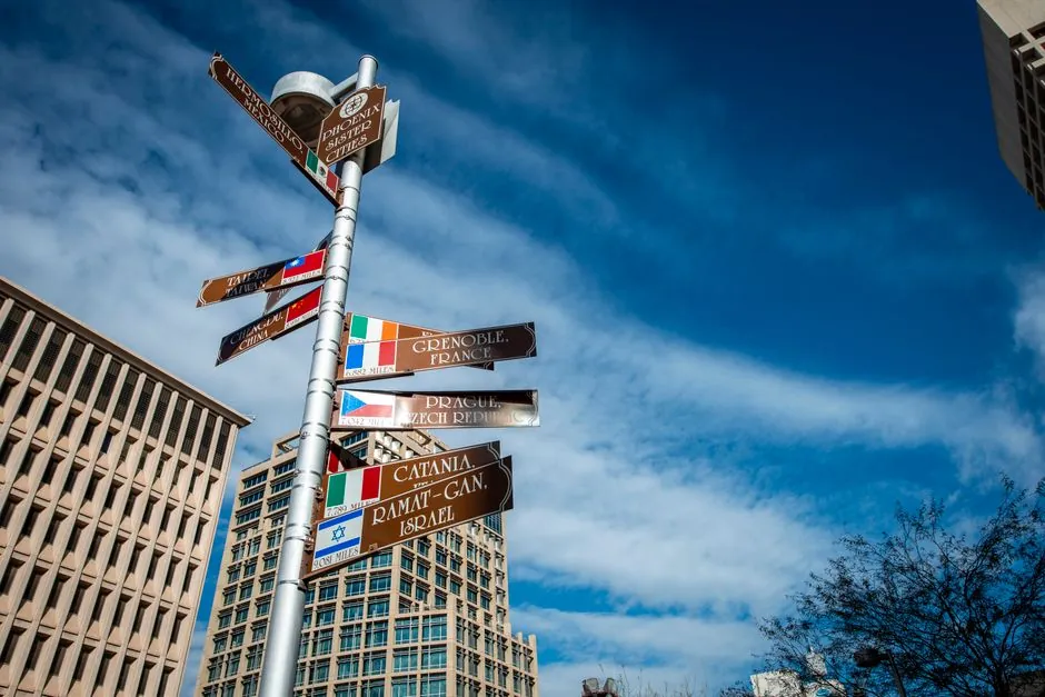 A low angle shot of a signpost featuring cities names and directions with office buildings in the background.