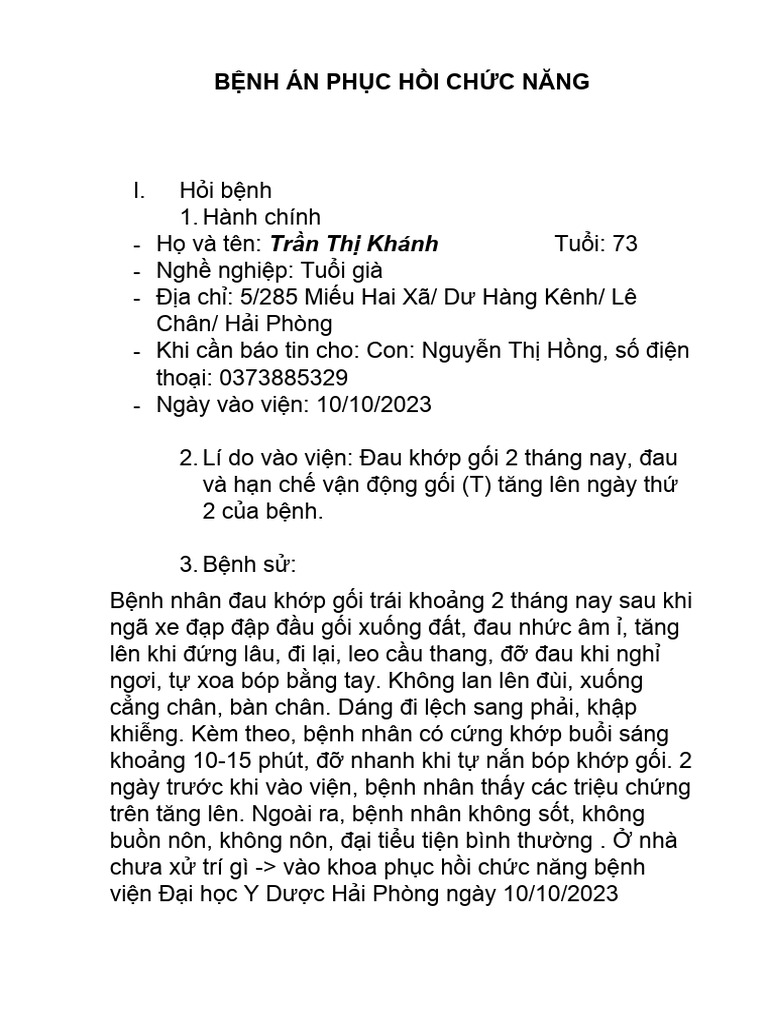 Bệnh án Thoái Hóa Khớp Gối